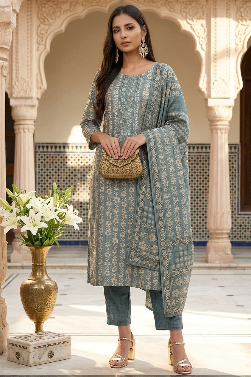 Grey Floral Print Silk Blend Straight Kurta Set with Dupatta