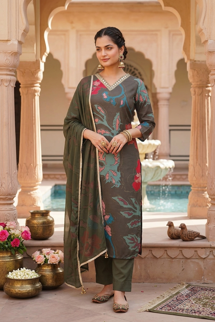 Olive Green Abstract Floral Print Rayon Blend Straight Kurta Set with Dupatta