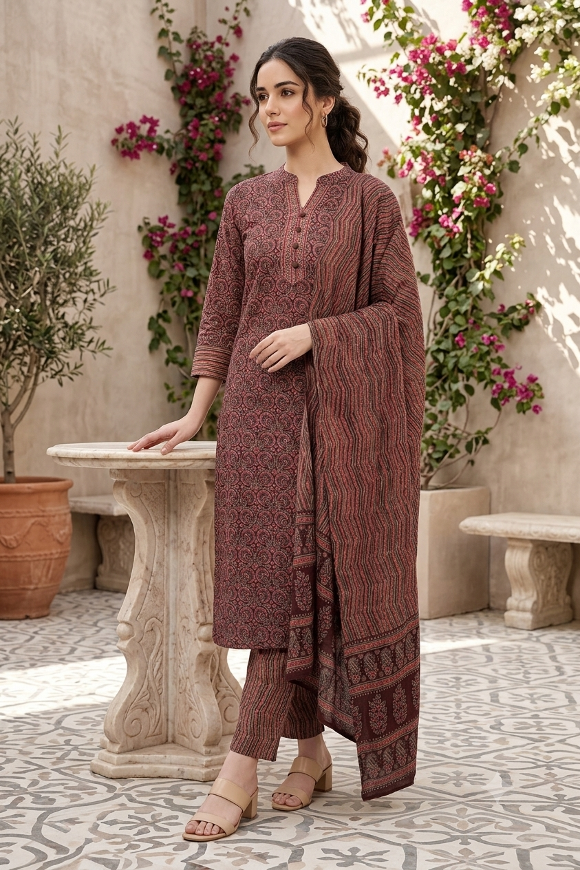 Maroon Ethnic Motif Rayon Blend Straight Kurta Set with Dupatta