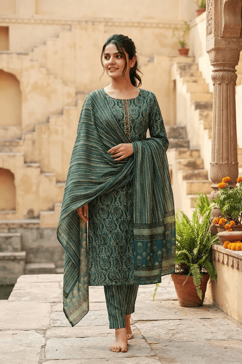 Green Ethnic Motif Print Rayon Blend Straight Kurta Set with Dupatta