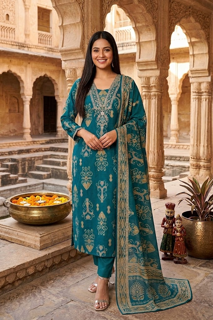 Teal Blue Ikat Print Viscose Rayon Straight Kurta Set with Printed Dupatta