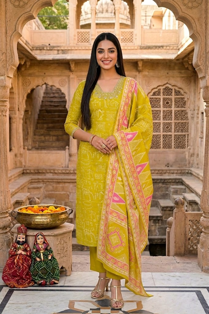 Mustard Yellow Ethnic Motif Print Viscose Straight Kurta Set with Printed Dupatta