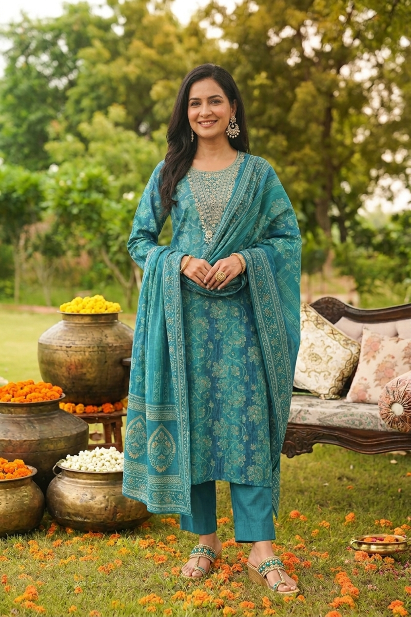 Deep Teal Floral Print Viscose Rayon Straight Kurta Set with Dupatta