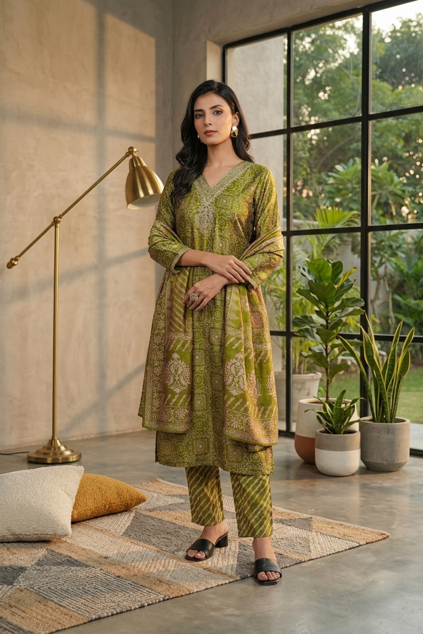 Olive Green Ethnic Motif Print Silk Blend Straight Kurta Set with Dupatta
