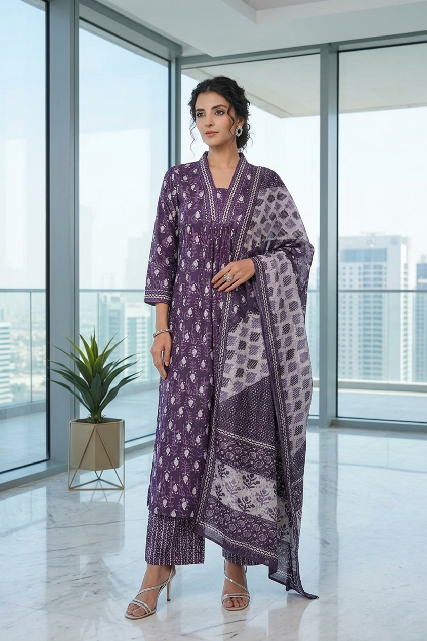 Royal Plum Batik Print Rayon Blend Straight Kurta Set with Palazzo & Dupatta