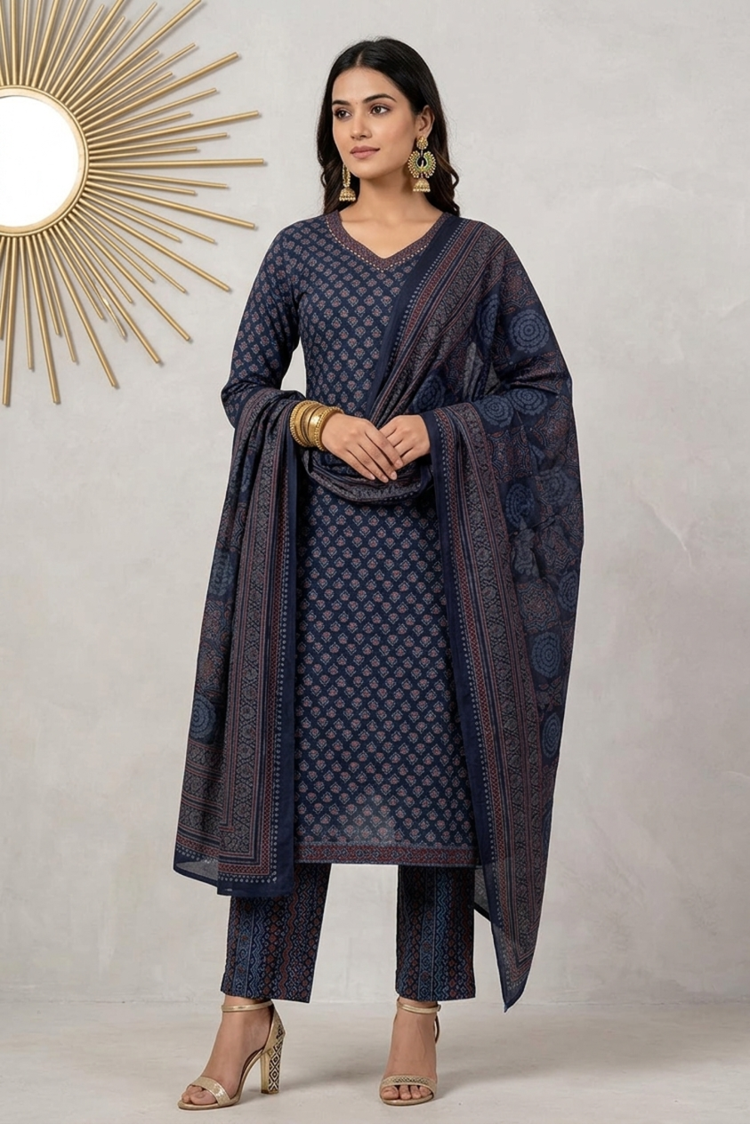 Midnight Navy Ajrakh Print Rayon Blend Straight Kurta Set with Cotton Blend Dupatta