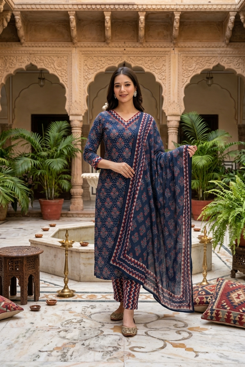 Midnight Navy Embroidered Rayon Blend Straight Kurta Set with Trouser & Dupatta
