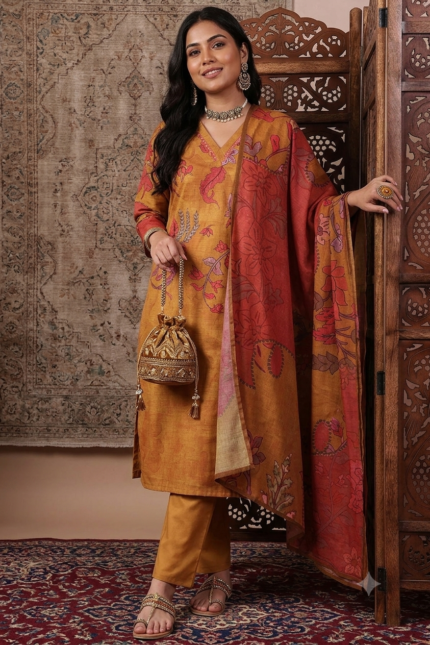Mustard Floral Print Rayon Blend Straight Kurta Set with Silk Blend Trousers & Organza Dupatta