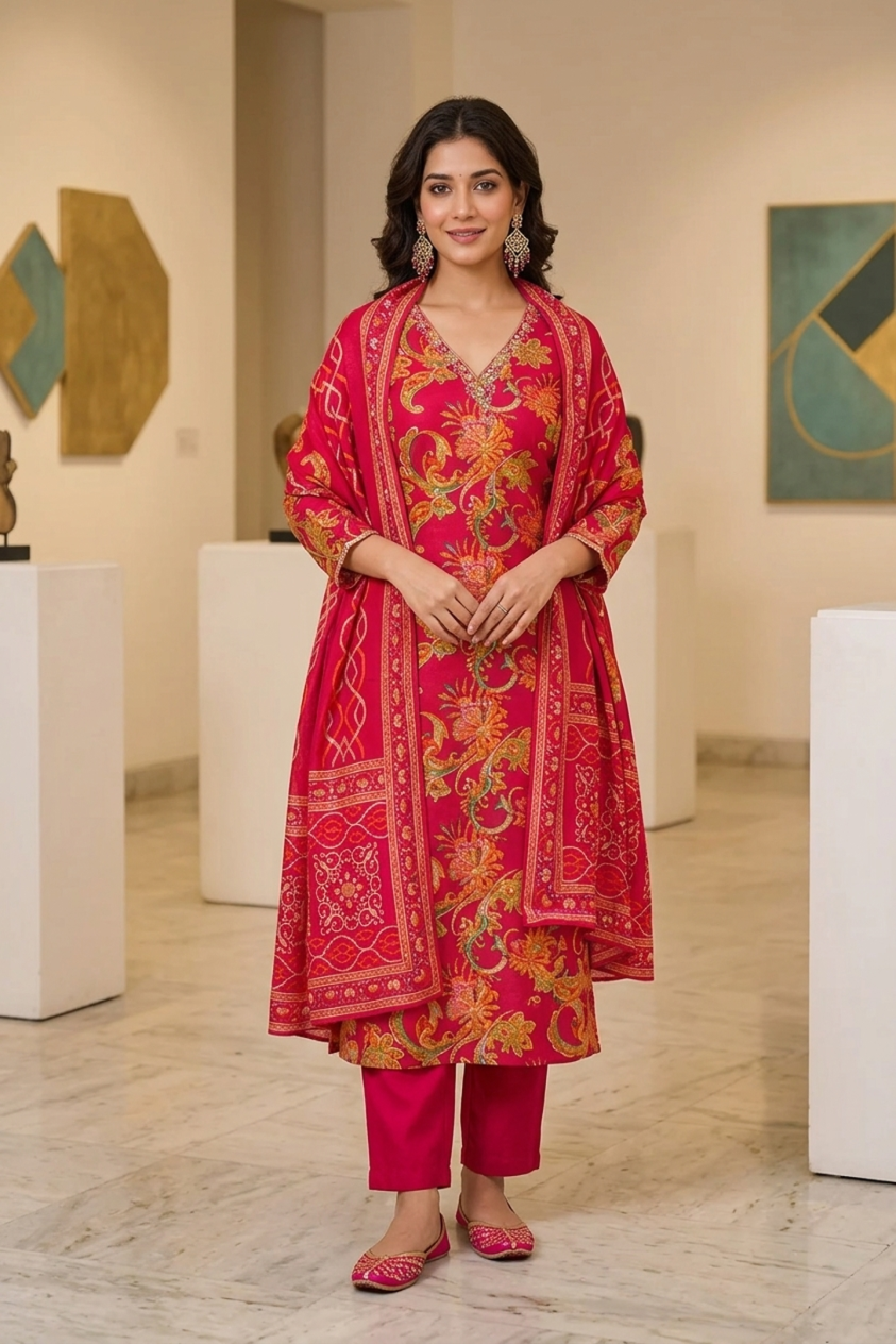 Pink Floral Printed Viscose Rayon Straight Kurta Set with Trousers & Dupatta