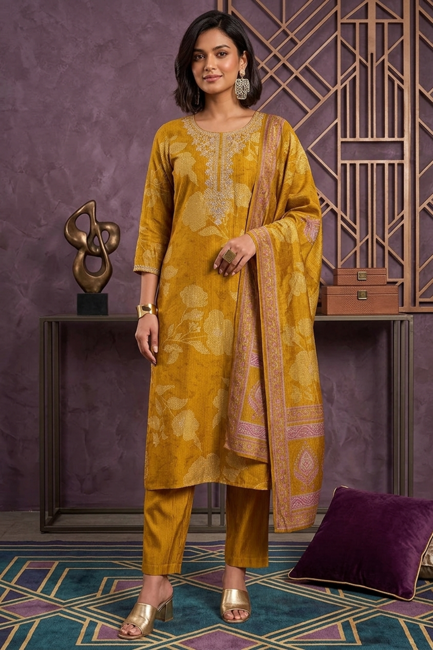 Mustard Yellow Floral Printed Silk Blend Straight Kurta Set with Trousers & Dupatta