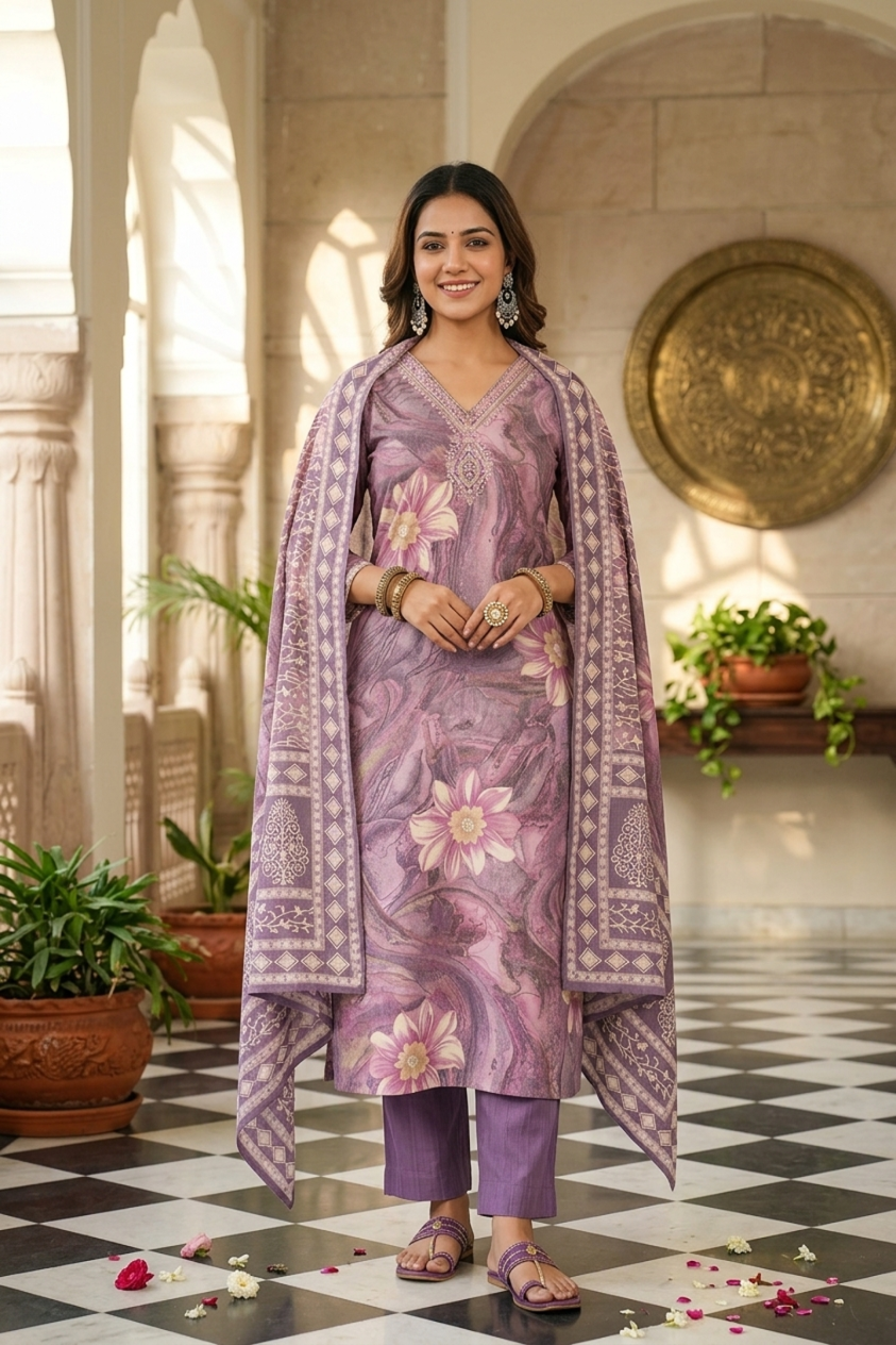 Lavender Floral Printed Viscose Rayon Straight Kurta Set with Trousers & Dupatta