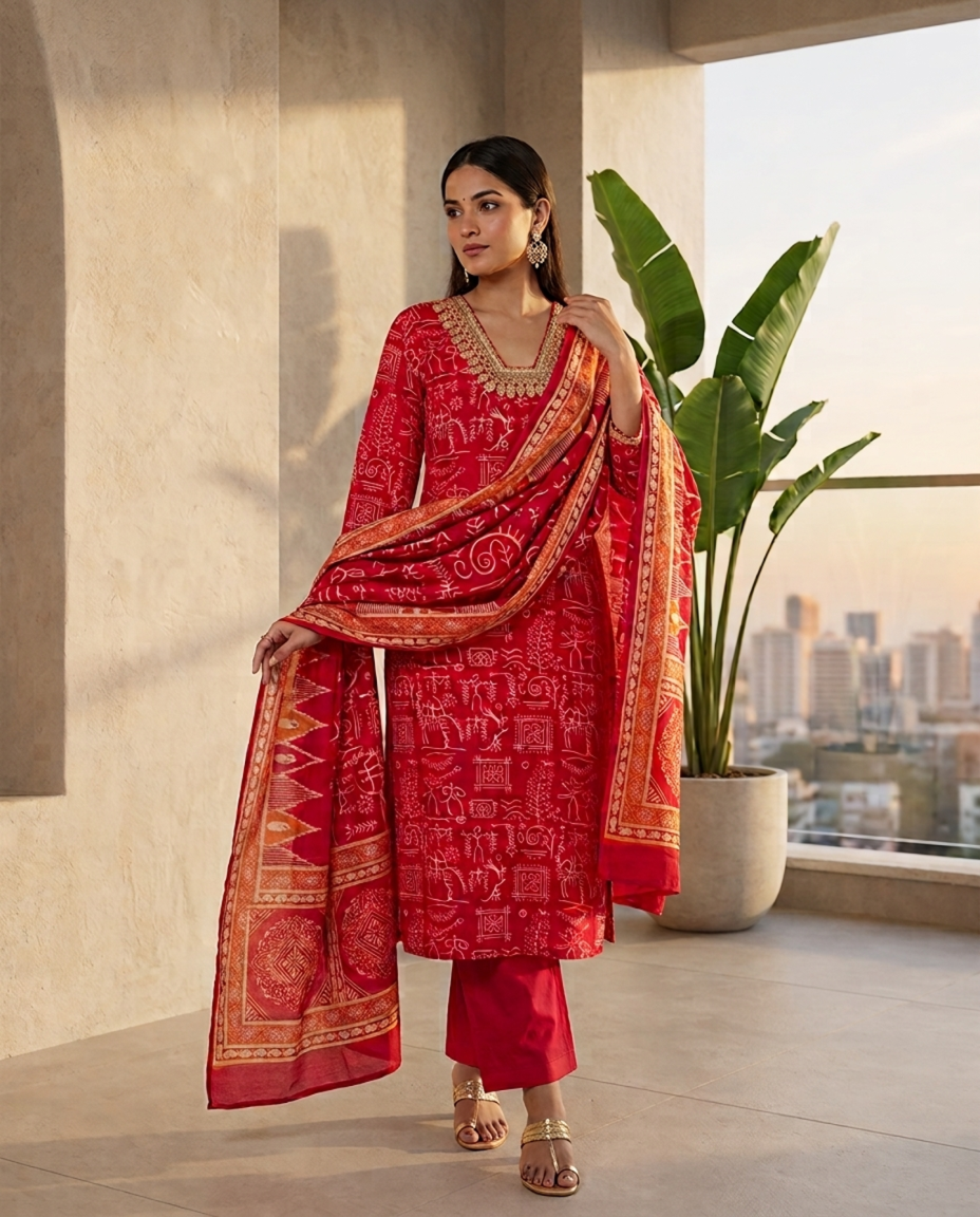 Pink Ethnic Motif Print Viscose Straight Kurta Set with Trousers & Dupatta