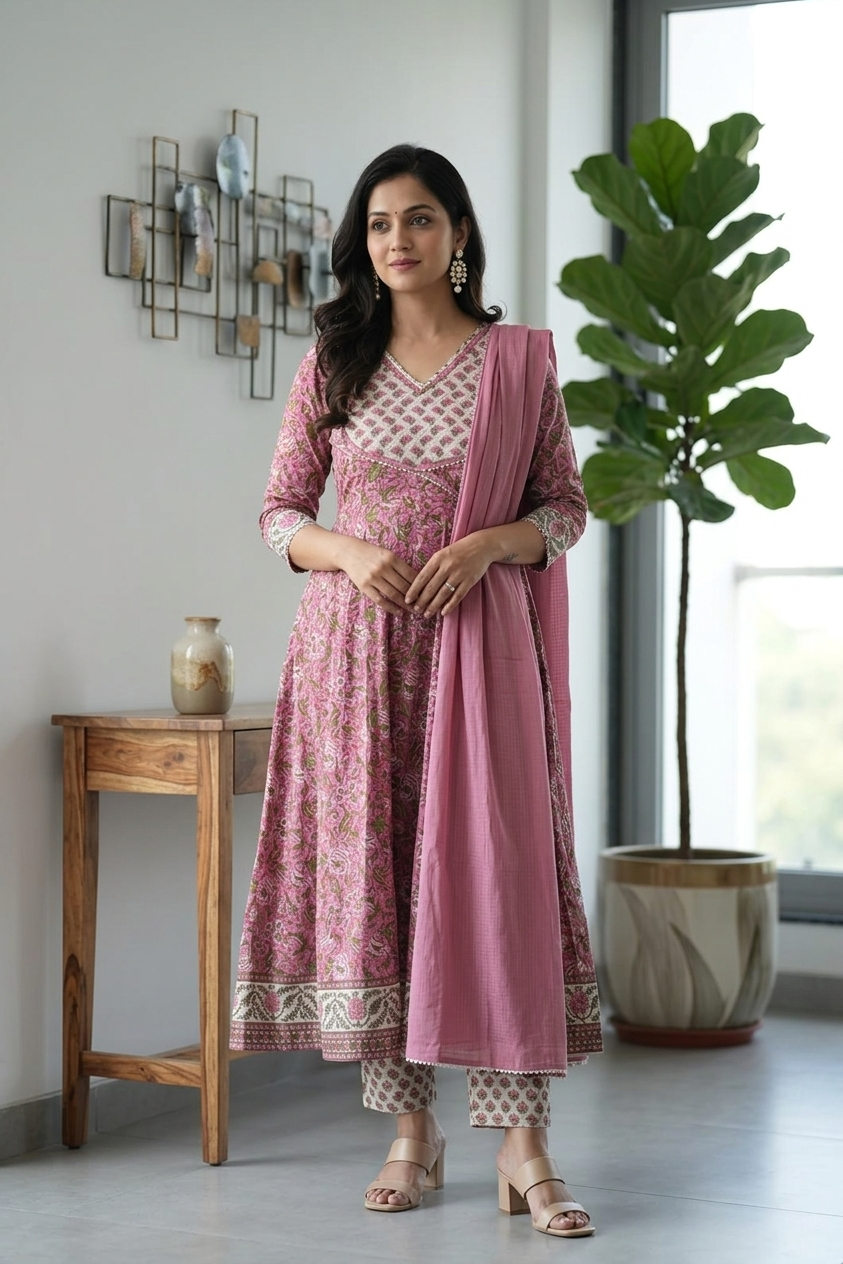 Dusty Rose Floral Print Cotton Anarkali Suit Set with Printed Pants & Dupatta
