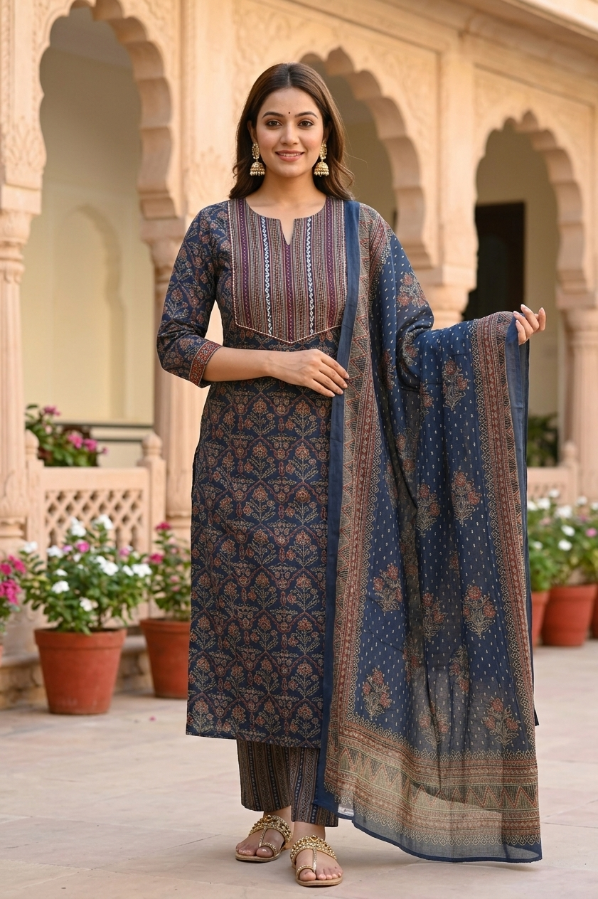 Navy Blue Ajrakh Print Cotton Suit Set with Embroidered Yoke & Dupatta