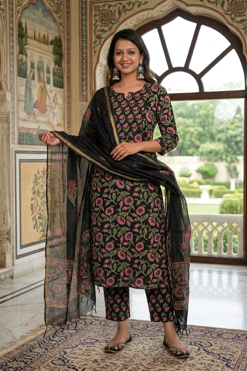 Black Floral Handblock Print Cotton Straight Suit Set with Dupatta