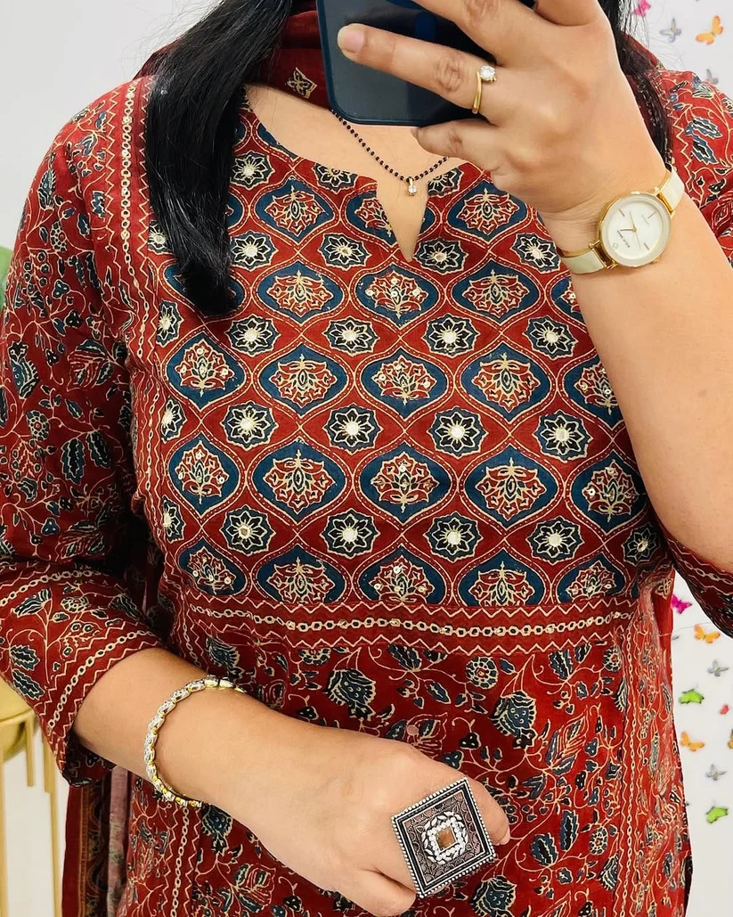 Rust Red Ethnic Printed Pure Cotton Kurta Set with Dupatta